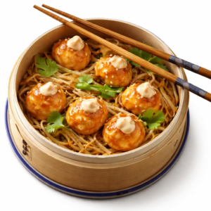 Dim sum knedlíčky v bambusovém košíku s nudlemi a omáčkou