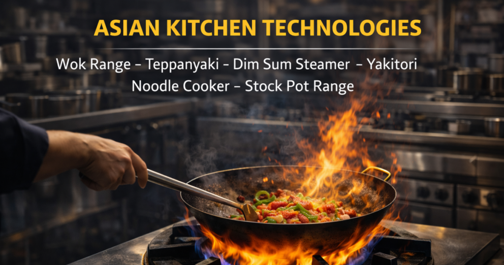 Professional wok cooking on gas wok range in Asian restaurant kitchen